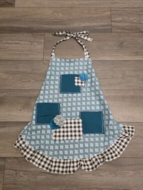 Blue Patterned Kitchen Apron with Black & White Gingham Trim